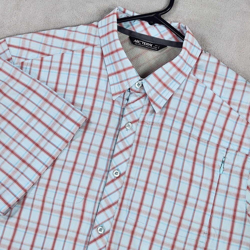 Arc'teryx Mens Large Blue Plaid Short Sleeve Button Up Vented Outdoor Shirt